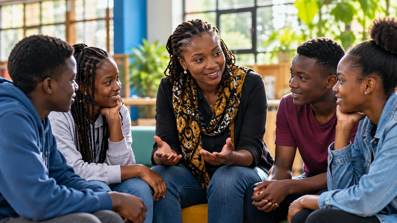 East African young people participating in a welcoming group wellbeing conversation